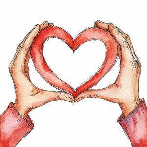 Watercolor two Hand making heart shape by joining together, decorate with Valentines day themed, full color, watercolor illustration, simple, cute, clipart, single object, white background for removing background --no watercolor splash in background, text shadow font --style raw --v 6