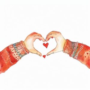 Watercolor two Hand making heart shape by joining together, decorate with Valentines day themed, full color, watercolor illustration, simple, cute, clipart, single object, white background for removing background --no watercolor splash in background, text shadow font --style raw --v 6
