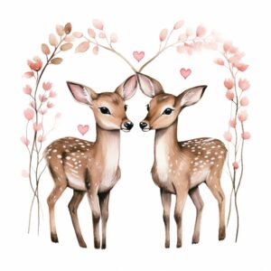 Watercolor two deer, decorate with Valentines day themed, full color, perfect for nursery art and Children’s book illustration style, watercolor illustration, simple, cute, clipart, single object, white background for removing background --no watercolor splash in background, text shadow font --style raw --v 5.2