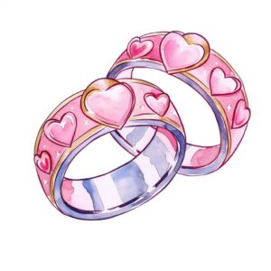 Watercolor two of rings with cute heart shape pattern, full color, watercolor illustration, simple, cute, clipart, single object, white background for removing background --no watercolor splash in background, text shadow font --style raw --v 6