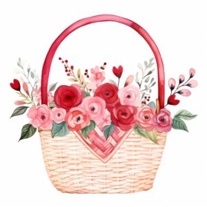 Watercolor valentine flower basket, decorate with Valentines day themed, full color, perfect for nursery art and Children’s book illustration style, watercolor illustration, simple, cute, clipart, single object, white background for removing background --no watercolor splash in background, text shadow font --style raw --v 5.2