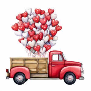 Watercolor vintage mini truck loaded with heart-shaped balloons, delivering love to various destinations, decorate with Valentines day themed, full color, perfect for nursery art and Children’s book illustration style, watercolor illustration, simple, cute, clipart, single object, white background for removing background --no watercolor splash in background, text shadow font --style raw --v 5.2