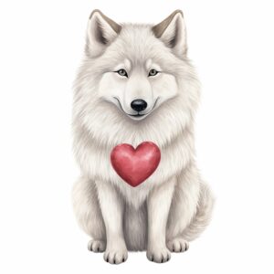 Watercolor white wolf, decorate with Valentines day themed, full color, perfect for nursery art and Children’s book illustration style, watercolor illustration, simple, cute, clipart, single object, white background for removing background --no watercolor splash in background, text shadow font --style raw --v 5.2