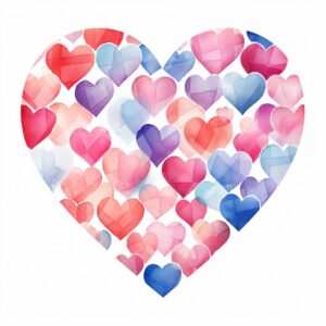 create a highly detailed and realistic cute Hearts arranged in a mosaic pattern, decorate with Valentines day themed, watercolor image in fine line art, borderless design, ultra high resolution, strong outlines, isolated on white background --style raw --v 5.2