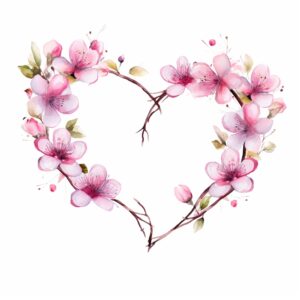 create a highly detailed and realistic cute String together pink flowers to create a heart-shaped garland, decorate with Valentines day themed, watercolor image in fine line art, borderless design, ultra high resolution, strong outlines, isolated on white background --style raw --v 5.2