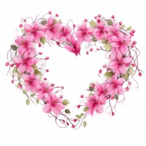 create a highly detailed and realistic cute String together pink flowers to create a heart-shaped garland, decorate with Valentines day themed, watercolor image in fine line art, borderless design, ultra high resolution, strong outlines, isolated on white background --style raw --v 5.2