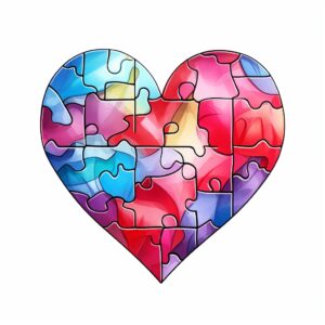 create a highly detailed and realistic cute art of a Puzzle pieces heart, decorate with Valentines day themed, watercolor image in fine line art, borderless design, ultra high resolution, strong outlines, isolated on white background --style raw --v 5.2