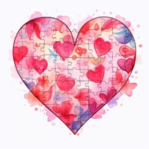 create a highly detailed and realistic cute art of a Puzzle pieces hear, decorate with Valentines day themed, watercolor image in fine line art, borderless design, ultra high resolution, strong outlines, isolated on white background --style raw --v 5.2
