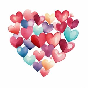 create a highly detailed and realistic cute cluster of hearts, decorate with Valentines day themed, watercolor image in fine line art, borderless design, ultra high resolution, strong outlines, isolated on white background --style raw --v 5.2