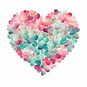 create a highly detailed and realistic cute cluster of heart in pink and light mint colors, decorate with Valentines day themed, watercolor image in fine line art, borderless design, ultra high resolution, strong outlines, isolated on white background --style raw --v 5.2