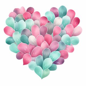 create a highly detailed and realistic cute cluster of heart in pink and light mint colors, decorate with Valentines day themed, watercolor image in fine line art, borderless design, ultra high resolution, strong outlines, isolated on white background --style raw --v 5.2