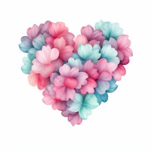 create a highly detailed and realistic cute cluster of heart in pink and light mint colors, decorate with Valentines day themed, watercolor image in fine line art, borderless design, ultra high resolution, strong outlines, isolated on white background --style raw --v 5.2