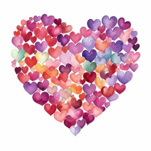 create a highly detailed and realistic cute cluster of hearts in various sizes and shades, decorate with Valentines day themed, watercolor image in fine line art, borderless design, ultra high resolution, strong outlines, isolated on white background --style raw --v 5.2