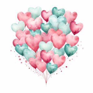 create a highly detailed and realistic cute cluster of heart in pink and light mint colors, decorate with Valentines day themed, watercolor image in fine line art, borderless design, ultra high resolution, strong outlines, isolated on white background --style raw --v 5.2