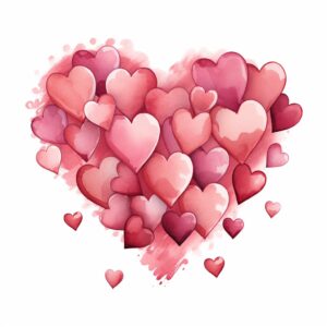 create a highly detailed and realistic cute cluster of hearts, decorate with Valentines day themed, watercolor image in fine line art, borderless design, ultra high resolution, strong outlines, isolated on white background --style raw --v 5.2