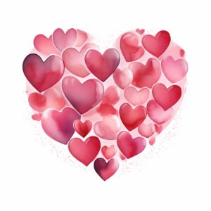 create a highly detailed and realistic cute cluster of simple pink-red heart, decorate with Valentines day themed, watercolor image in fine line art, borderless design, ultra high resolution, strong outlines, isolated on white background --style raw --v 5.2