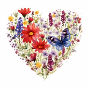 create a highly detailed and realistic cute heart shape with a meadow of assorted wildflowers, decorate with Valentines day themed, watercolor image in fine line art, borderless design, ultra high resolution, strong outlines, isolated on white background --style raw --v 5.2