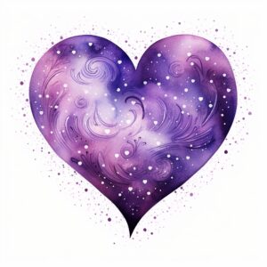 create a highly detailed and realistic cute heart shape with a cosmic pattern in shades of purple, decorate with Valentines day themed, watercolor image in fine line art, borderless design, ultra high resolution, strong outlines, isolated on white background --style raw --v 5.2