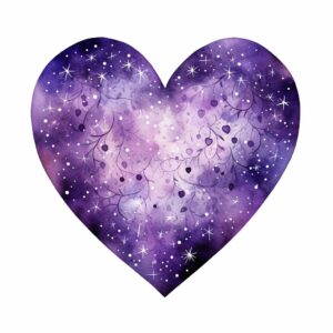 create a highly detailed and realistic cute heart shape with tiny a cosmic pattern in shades of purple hearts, decorate with Valentines day themed, watercolor image in fine line art, borderless design, ultra high resolution, strong outlines, isolated on white background --style raw --v 5.2
