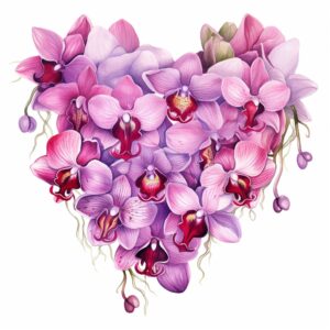 create a highly detailed and realistic cute heart shape with cascading orchids, decorate with Valentines day themed, watercolor image in fine line art, borderless design, ultra high resolution, strong outlines, isolated on white background --style raw --v 5.2