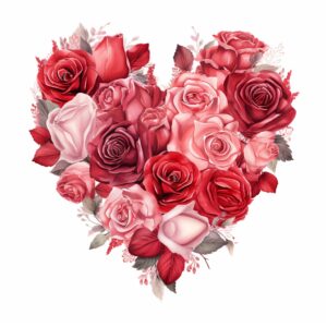 create a highly detailed and realistic cute heart shape surrounded with roses, decorate with Valentines day themed, watercolor image in fine line art, borderless design, ultra high resolution, strong outlines, isolated on white background --style raw --v 5.2