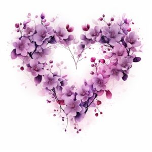 create a highly detailed and realistic cute heart shape with cascading plum purple flowers, decorate with Valentines day themed, watercolor image in fine line art, borderless design, ultra high resolution, strong outlines, isolated on white background --style raw --v 5.2