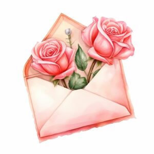 create a highly detailed and realistic cute love envelope placed ont he side of one rose, decorate with Valentines day themed, watercolor image in fine line art, borderless design, ultra high resolution, strong outlines, isolated on white background --style raw --v 5.2