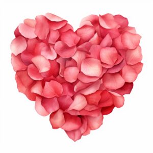 create a highly detailed and realistic cute rose petals in the shape of a heart, decorate with Valentines day themed, watercolor image in fine line art, borderless design, ultra high resolution, strong outlines, isolated on white background --style raw --v 5.2