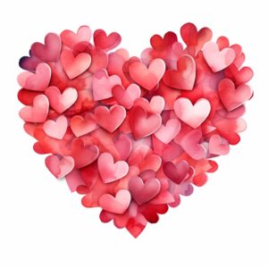 create a highly detailed and realistic cute tiny cluster of hearts hearts, decorate with Valentines day themed, watercolor image in fine line art, borderless design, ultra high resolution, strong outlines, isolated on white background --style raw --v 5.2