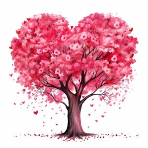 create a highly detailed and realistic cute tree with love braches and hearts on it, decorate with Valentines day themed, watercolor image in fine line art, borderless design, ultra high resolution, strong outlines, isolated on white background --style raw --v 5.2