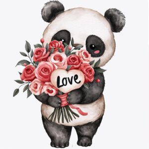 https://s.mj.run/nRK6-IFIeaM Watercolor Panda holding bouquet of roses with text "Love" written on bouquet, decorate with Valentines day themed, full color, watercolor illustration, simple, cute, clipart, single object, white background for removing background --no watercolor splash in background, text shadow font --style raw --v 6