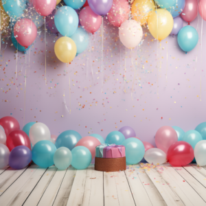"A detailed image of a delightful and colorful birthday background scheme, bringing joy and festivity to any celebration. The scene is adorned with vibrant balloons, swirling streamers, and shimmering confetti, all meticulously arranged in a harmonious display of jubilation. The backdrop features a playful mix of pastel hues and dazzling sparkles, evoking an atmosphere of happiness and excitement. Skillfully captured with a professional Canon EOS 5D Mark IV camera, using a 50mm prime lens, the shot perfectly captures the intricate details and vivid colors of the birthday setup. The cinematic aspect ratio of 16:9 adds a touch of cinematic magic, transporting viewers into this enchanting birthday wonderland. Cinematic lighting gently bathes the scene, enhancing the ambiance and creating a delightful visual experience. This image promises a joyous celebration, inviting friends and family to create cherished memories and celebrate life's special moments together." --v 5.2