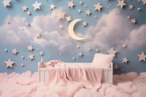 digital backdrop for newborn baby with moon, clouds and stars, pastel color pallette --no people --ar 3:2 --v 5.2