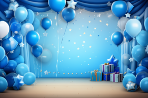 Boys party birthday 3d backdrop, in the style of Blue Boy party - themed elements like blue flags, nice decoraion, festive atmosphere, bright color style balloons, kids style 24mm, front view, hyper realistic, photo realistic, empty place in the middle of the picture, frame, very detailed, 8k, boys party background, front view, landscape composition, without showing studio lights or tehnical aparature hyper realistic, ultra realistic, Sony a7 III, copy space --ar 3:2 --v 5.2