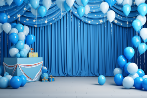 Boys party birthday 3d backdrop, in the style of Blue Boy party - themed elements like blue flags, nice decoraion, festive atmosphere, bright color style balloons, kids style 24mm, front view, hyper realistic, photo realistic, empty place in the middle of the picture, frame, very detailed, 8k, boys party background, front view, landscape composition, without showing studio lights or tehnical aparature hyper realistic, ultra realistic, Sony a7 III, copy space --ar 3:2 --v 5.2
