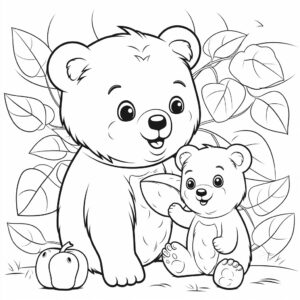 b/w art scheme for kids coloring book page, a cute little bear, cuddly, smiling, eating fruit with his mama bear in a forest, Coloring pages for kids, full white, line art style, white background, full body, Sketch style, full body ((((( white background ))))), use only scheme., cartoon style, line art, coloring book, clean line art, white background, Sketch style --no black shadows --v 5.2