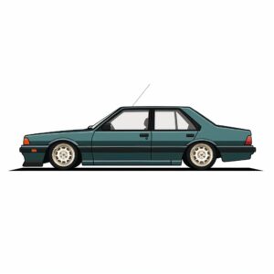 Generate a 2-dimensional minimalist vector illustration of a Sixth Generation (1987-1991): E90 Toyota Corolla model, moving in a straight line, captured from a side view angle. The focus of the image will be on the car's lateral profile as it moves with a straight posture. Ensure that the depiction remains slightly adorable and sleek, staying within the boundaries of the minimalist illustration style. The image will showcase only the side profile of the car, highlighting its straightforward movement and distinctive features.
