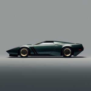 Lateral view of a dark green 1980s sportscar, in the style of traditional objects, geometric balance, jagged edges, japanese minimalism, inspired by zaha hadid, grey background