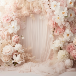 Create a digital background for a maternity photoshoot with a palette of soft pink and creamy white tones. Design an elegant and harmonious floral arrangement that spans across the entire background. The flowers should include delicate roses, lush peonies, and white lilies, arranged in a natural and organic manner. Add touches of soft green foliage to enhance the beauty of the flowers. The background should exude serenity and joy, capturing the essence of maternity in its fullest expression --v 5.2