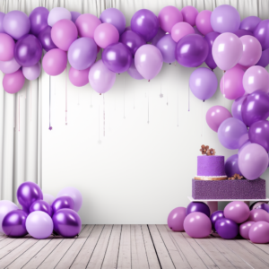 Design a vibrant and eye-catching birthday party, levender balloon supplies banner to attract customers, white background and no design at bottom --v 5.2