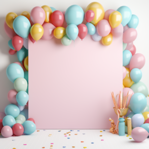 Design a vibrant and eye-catching birthday party, pastel balloon supplies banner to attract customers, white background and no design at bottom --v 5.2