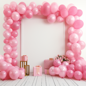 Design a vibrant and eye-catching birthday party, pink balloon supplies banner to attract customers, white background and no design at bottom --v 5.2