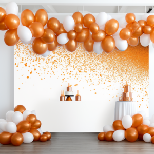 Design a vibrant and eye-catching birthday party, rust balloon supplies banner to attract customers, white background and no design at bottom --v 5.2