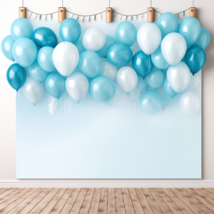 Design a vibrant and eye-catching birthday party, sky blue balloon supplies banner to attract customers, white background and no design at bottom --v 5.2