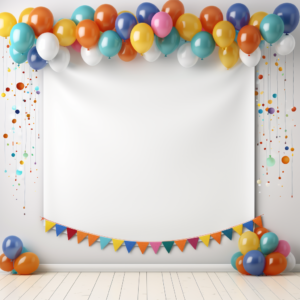 Design a vibrant and eye-catching birthday party, supplies banner to attract customers, white background and no design at bottom --v 5.2