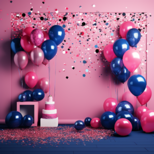 hot Pink background, Navy Blue, White, polka dots, balloons, confetti, glitter, cake, girls birthday backdrop, UHD, Photorealistic --v 5.2