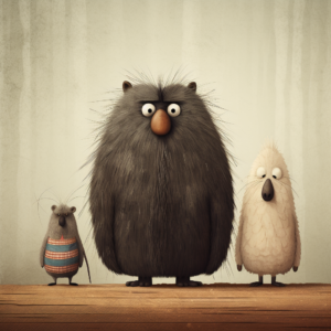 grumpy cartoon strange character fluffy feathered, bear, mouse, paper textured, steve small, jon klassen, photorealistic --v 5.2