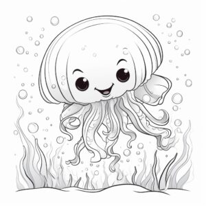 Coloring page for kids, featuring a Jellyfish cartoon style, thick lines, low detail, no shading --v 5.2