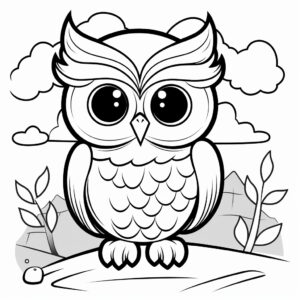 Coloring page for kids, featuring a Owl cartoon style, thick lines, low detail, no shading --v 5.2