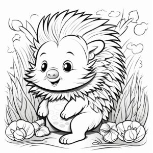 Coloring page for kids, featuring a Porcupine cartoon style, thick lines, low detail, no shading --v 5.2